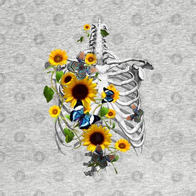 Botanical human skeleton art, Rib cage and flowers, sunflowers and butterflies ribcage by Collagedream